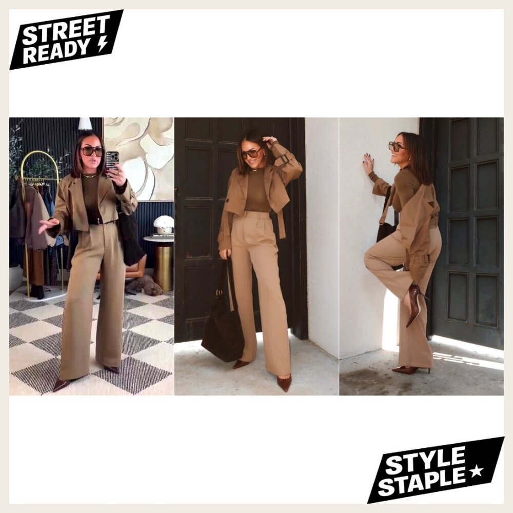 Cropped Trench Coat with Belt, Double Breasted Casual Jacket, Polyester - Picture 7 of 7